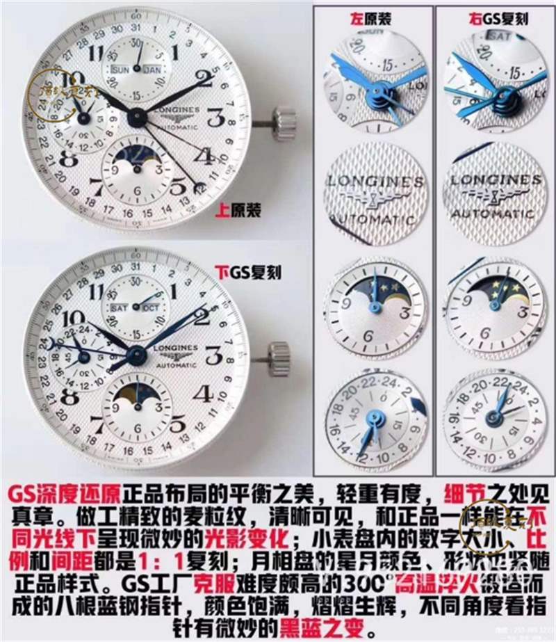 GS廠浪琴名匠月相八針復刻表對比正品做工怎么樣-復刻表