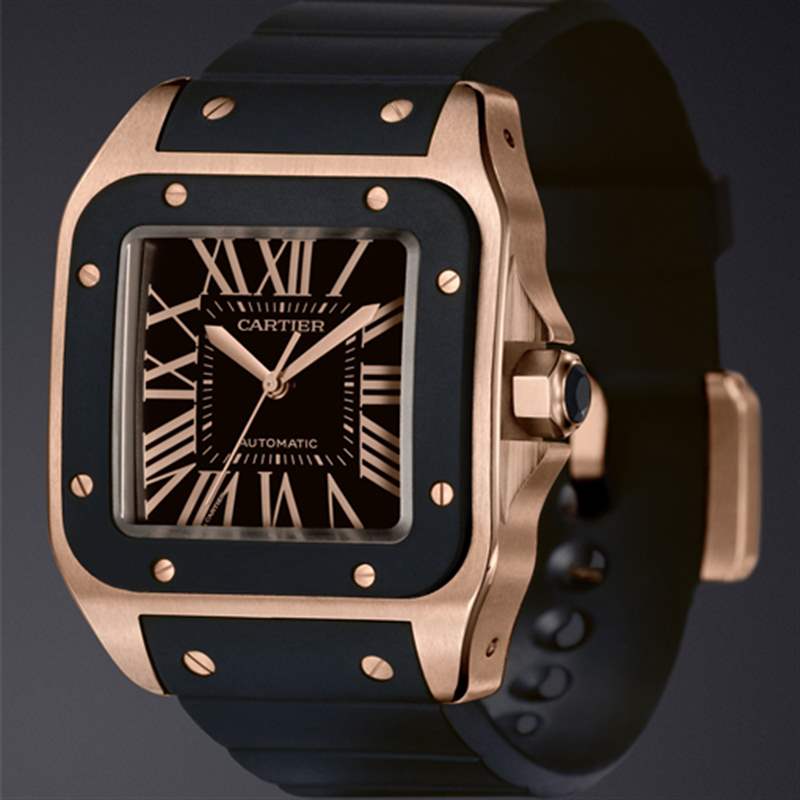 卡地亞桑托斯 100 XL 玫瑰金配橡膠表帶手表-復刻表