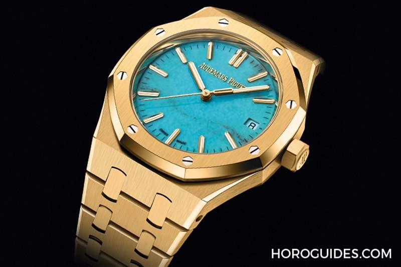 愛彼Royal Oak皇家橡樹自動上鏈腕表，黃金表殼搭配天然綠松石表面-復(fù)刻表