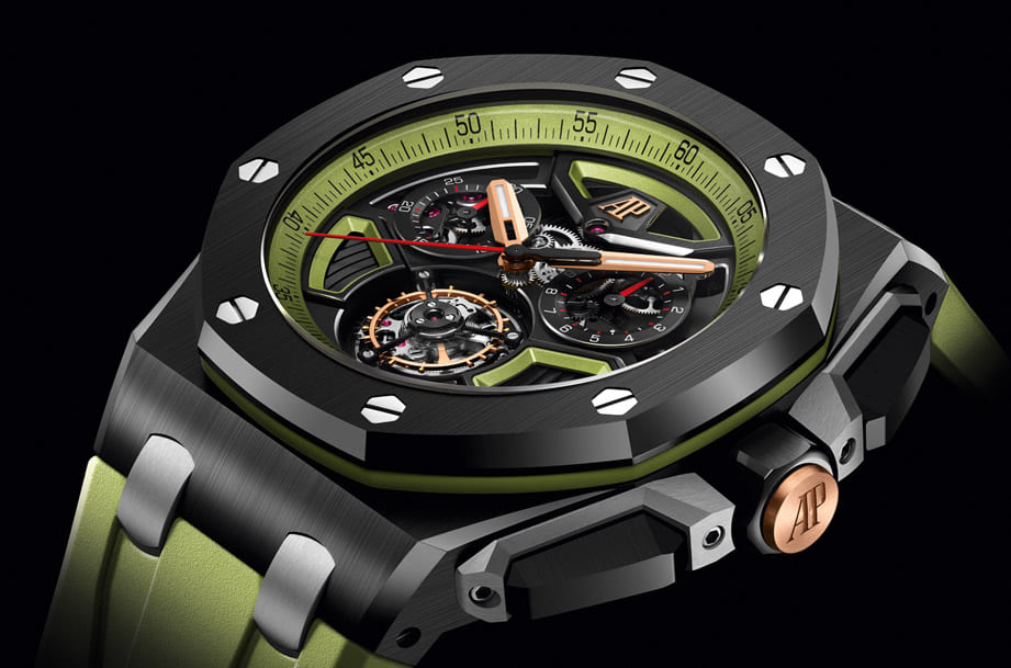 AP皇家橡樹離岸型陀飛輪計時碼表改黑陶瓷殼搭綠色新裝上陣-復(fù)刻表